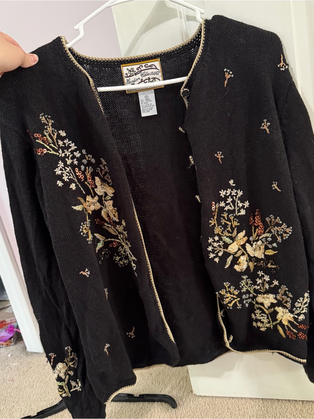 Black Embroidered Open Front Sweater